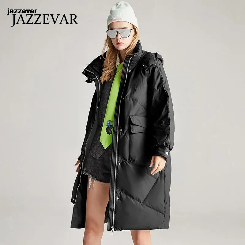 JAZZEVAR Medium and Long Down Jacket Female White Duck Hooded Thickened Warm Loose High-end Coats