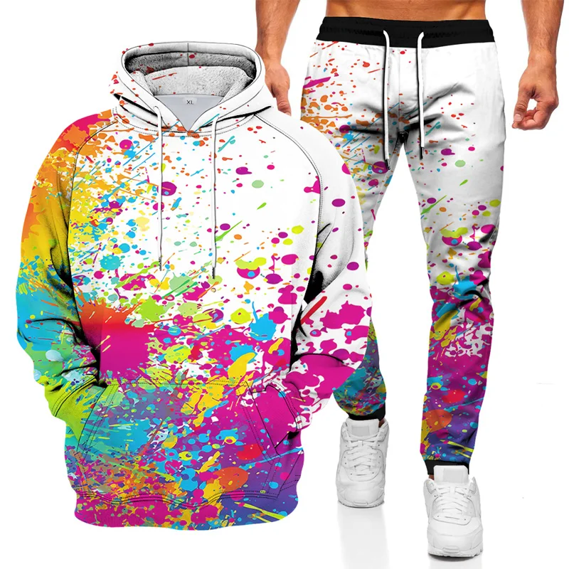 

Men's and women's hooded sweater + sweatpants suit fashion street hip-hop loose casual splash ink gradient 3D printed sweatshirt