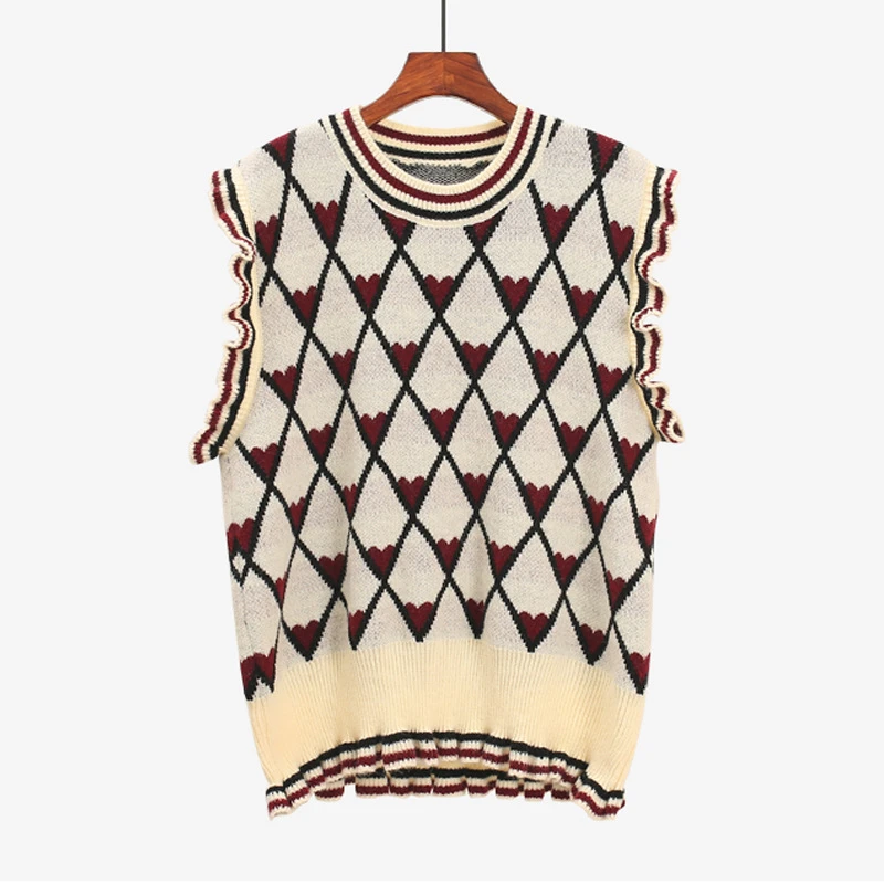 

Preppy Style O-Neck Argyle Heart Jacquard Lotus Knit Vest Girl Sweater Vests Knitted Tank Top 2021 Spring For Women