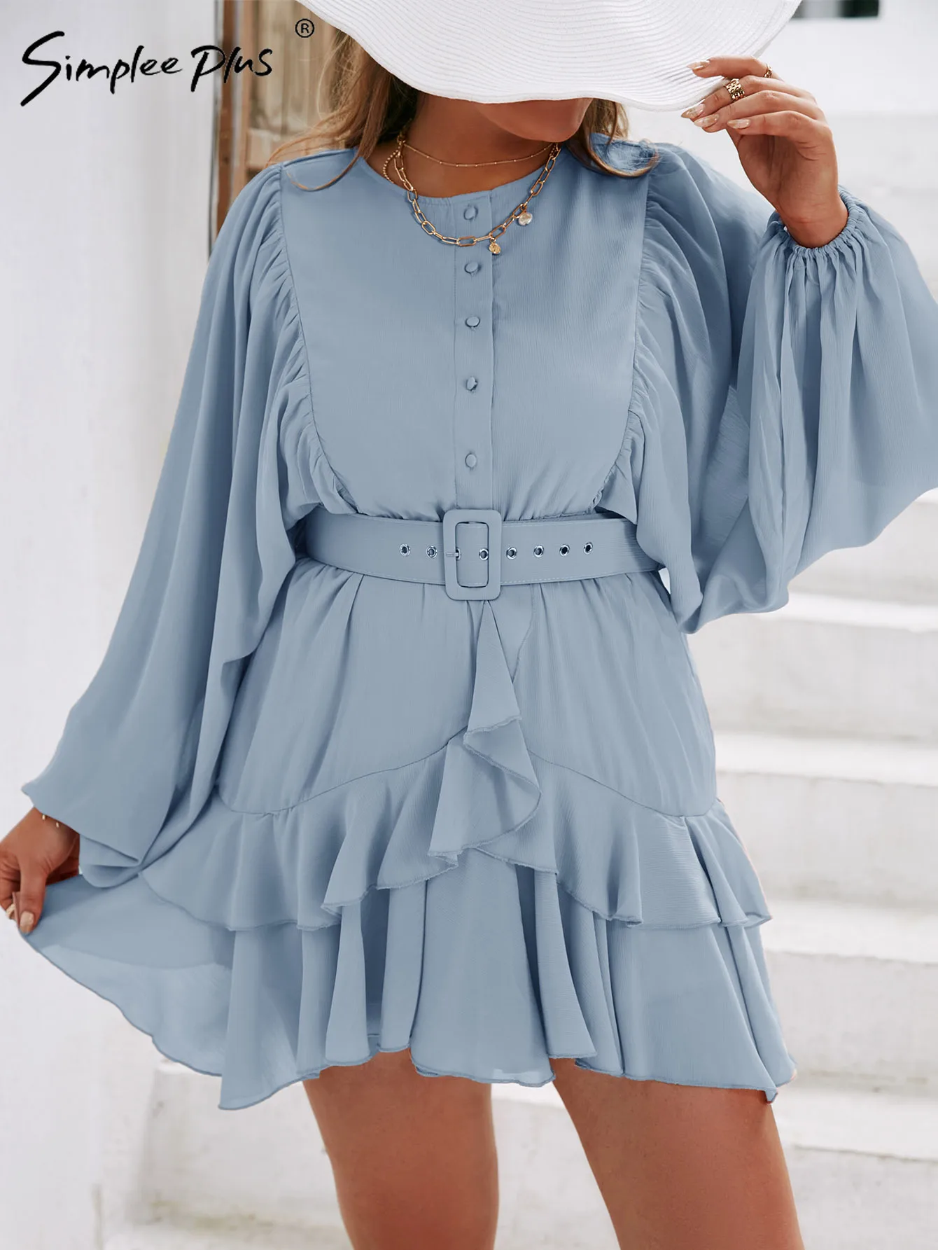 Simplee Plus size dress women Holiday batwing sleeve chiffon dress big size Boho solid ruffle vestidos A-line belt mini dress