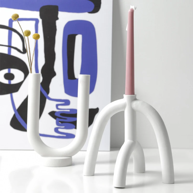 

Nordic Creative Ceramic Candlestick Art Gift White Candle Holders Water Pipe Shape Candelabro Living Room Candle Dock Home Decor