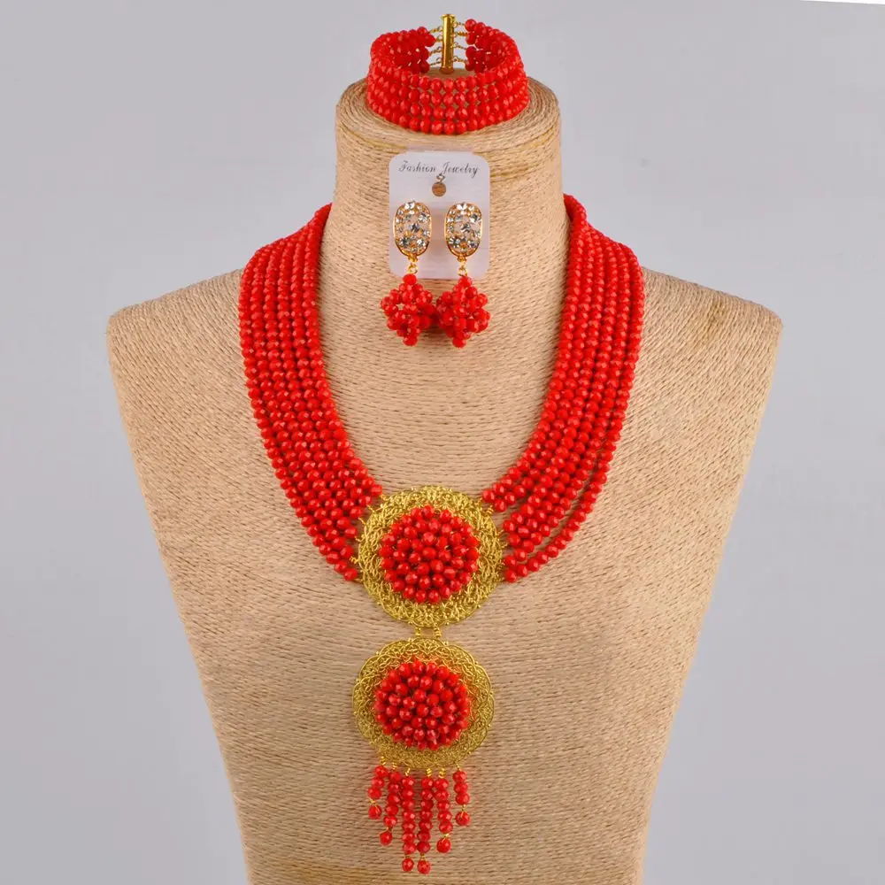 

opaque red african beads jewelry set crystal nigerian necklace costume wedding jewelry sets for women 6CLS01