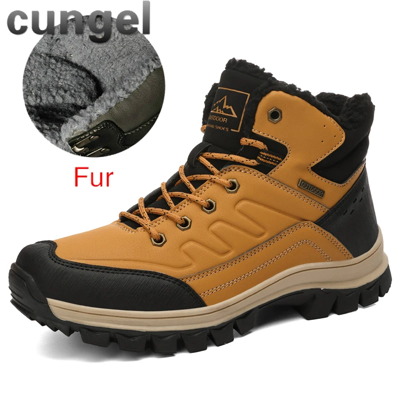 9702-yellow CUNGEL/зимние теплые мужские ботинки; мужские зимние ботинки из натуральной кожи с мехом; водонепроницаемые рабочие ботильоны ручной работы; мужская обувь с высоким берцем - Цвет: 9702-yellow