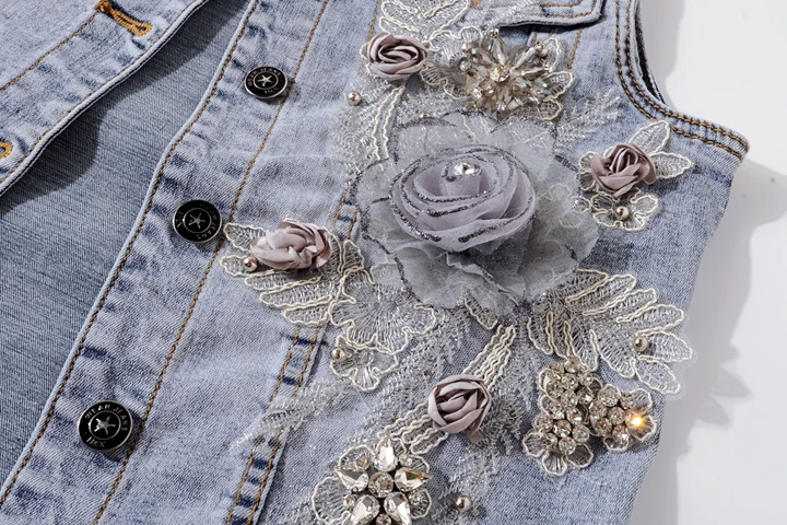 

Top Quality Denim Flower Embroidery Beaded Slim Short Sleeveless Female Casual Outwear Fashion Jacket Tops