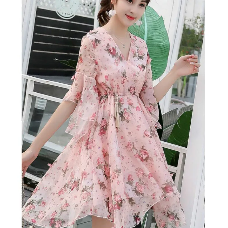 

Sweet 3D Floral Chiffon Ruffles Dress V-neck Drawstring Flare Sleeved Flowers Printed Irregular A-Line Dress Party Vestidos 2020