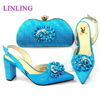 2021 lastest italian design flower shape crystal decoration style ladies shoes and bag set in sky blue color for party