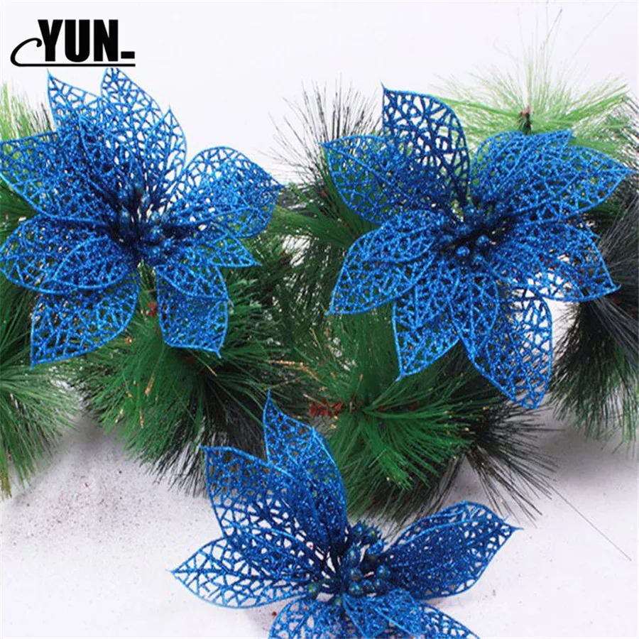 Украшения для елки блестящие искусственные цветы к Рождеству 15 см 10 шт.