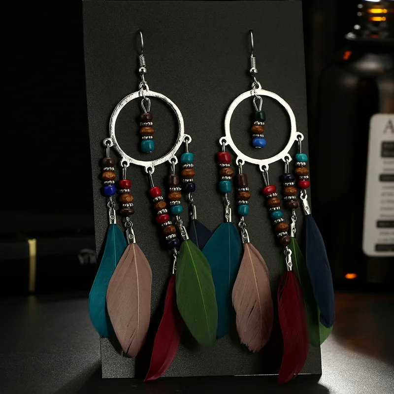 

Bohemian Fashion Vintage Earrings Fairy Temperament Feather Tassel Earrings Multicolor Ball Long Earrings Earrings
