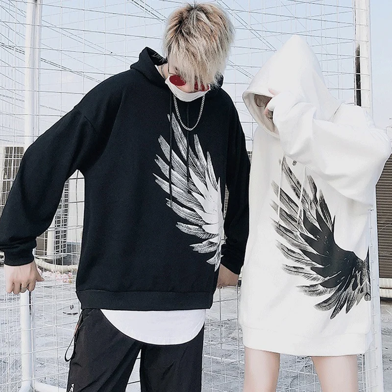 Японские уличные толстовки в стиле хип-хоп с принтом перьев хлопковые махровые