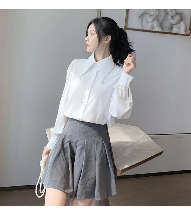 

Women Autumn Korean White Shirt Casual Chic Collar Slim Long Puff Sleeved Office Lady Shirt