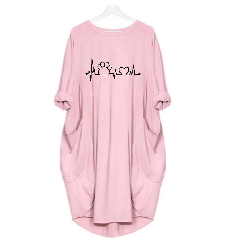 

Dog Cat Heart Print Plus Size Dresses Funny Plus Size Loose Women Fashion Sundresses Long Sleeve Vintage Autumn Clothing
