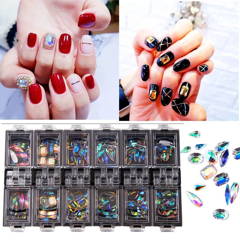 

12 Grids/Box Nail Art Crystals Symphony Flat Back Glass AB Nail Rhinestones Diamond Gems Accessories 3D Manicure Stones Set