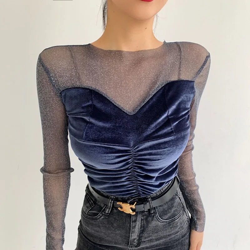 

Sexy Mesh Shiny Long Sleeve T Shirt Women Spring Transparent Club Party Black Tee Shirts Sexy Thin O Neck Short Tops