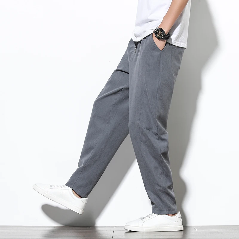 

Dropshipping Male Sweatpants Joggers Autumn Korean Mens Cotton Linen Loose Sweatpants Men Solid Harajuku Streetwear Harem Pants