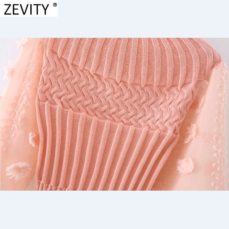 Zevity 2021 New Women Fashion Appliques Chiffon Lantern Sleeve Patchwork Short Knitting Sweater Ladies Chic Pullovers Tops S631