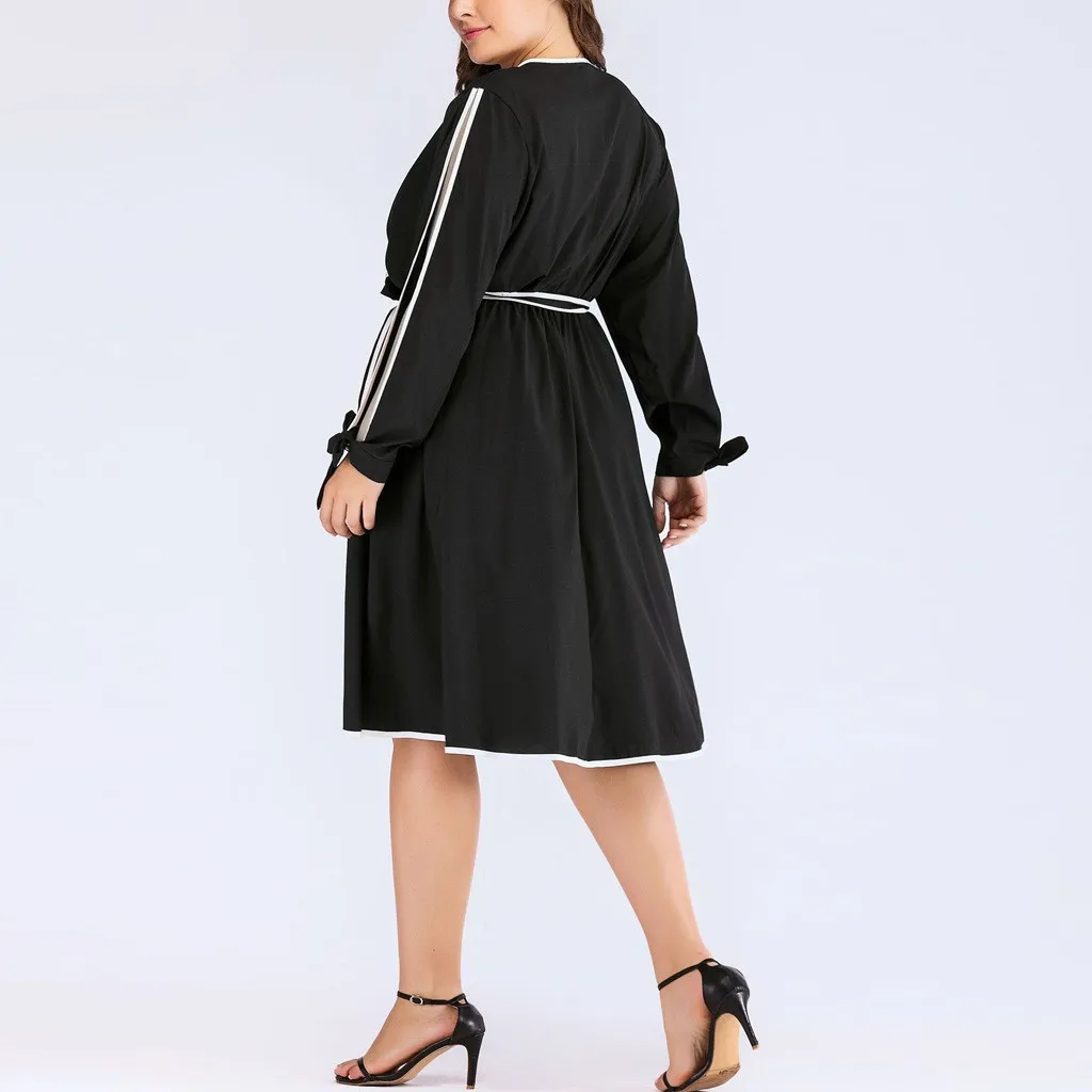 Женское платье на шнуровке Womail черное до колена с длинным рукавом и завышенной