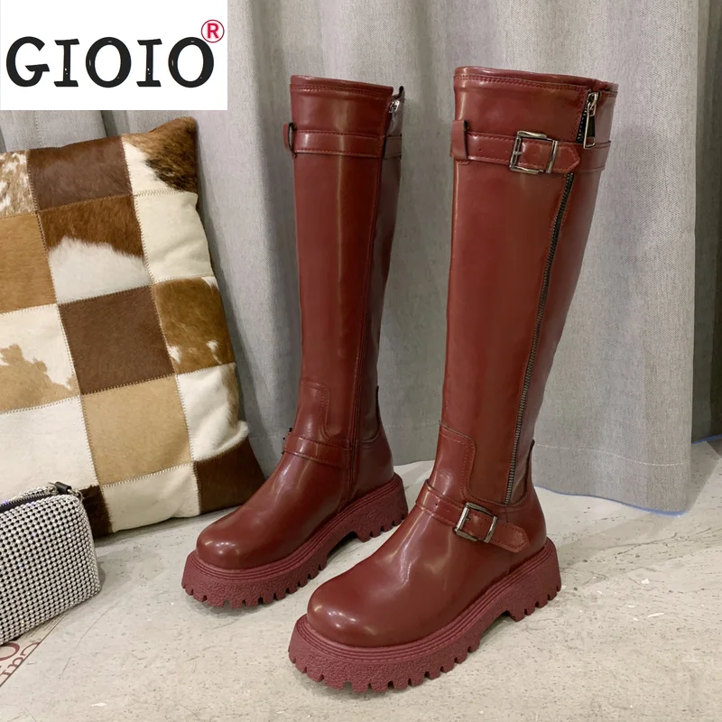 

Western Knight Boots Women Buckle Platform Knee High Boots Women Patent Leather Chunky Heels Shoes Woman Waterproof Long Boots