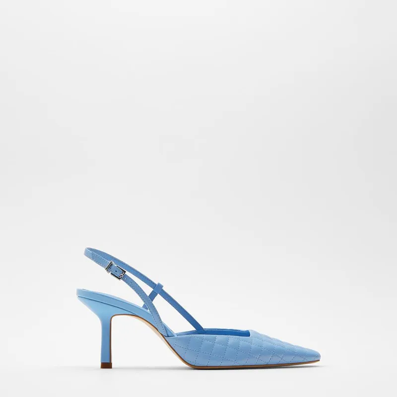 Женские туфли на высоком каблуке синие стеганые с квадратным носком кожаные