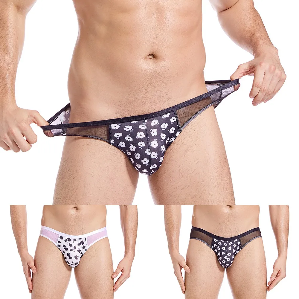 

Men Low Waist Sexy Underwear Bulge Pouch G String Jockstrap Printed Mesh Erotic Breathable Flower U Convex Brief Panties Tanga
