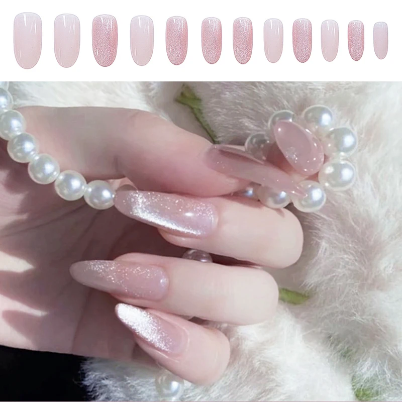 

24pcs Removable Mermaid Cat Eye Nail Powder Aurora False Nails French nail tips Press On Fake Nails Pointed Nail Extension