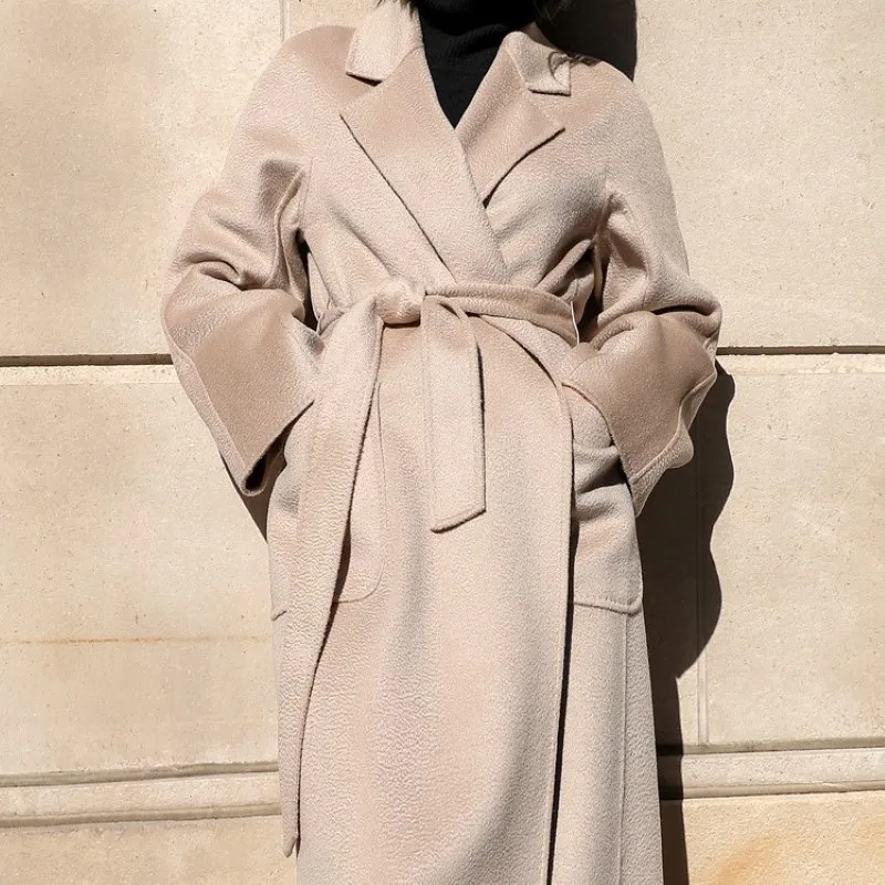 

RT509 Winter New Luxury Women's Notched Collar Long Genuine Cashmere Wool Coat Belted Tweed Jacket With Pockets