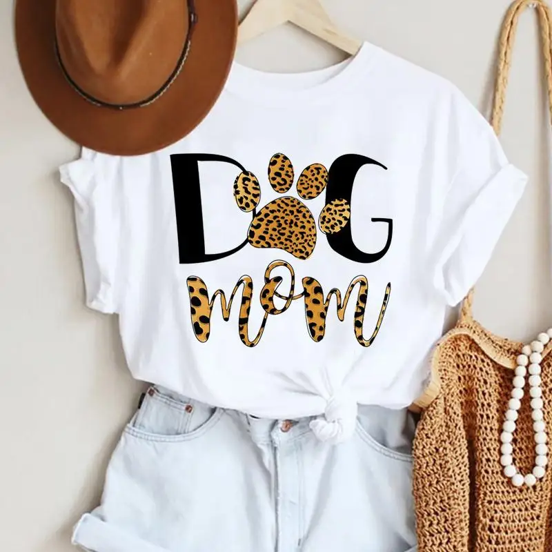 

Women Dog Paw Letter Leopard Pet T-shirts Clothes Cartoon Fashion Short Sleeve Top O-neck Tshirt Female Graphic Print Tee