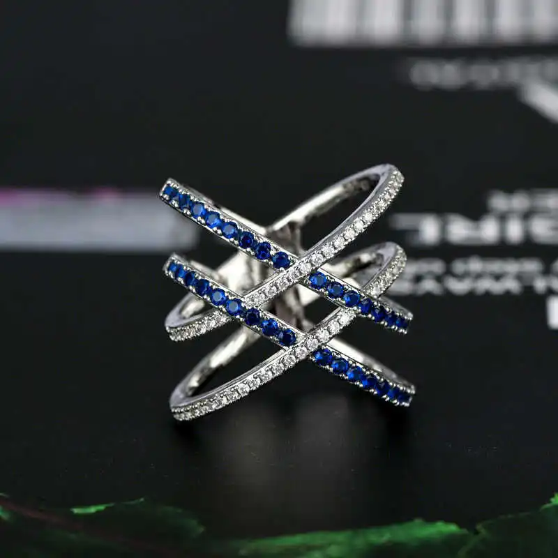 Fashion creative cross X-shaped full set blue   zircon ring for women's party ring size 6-10