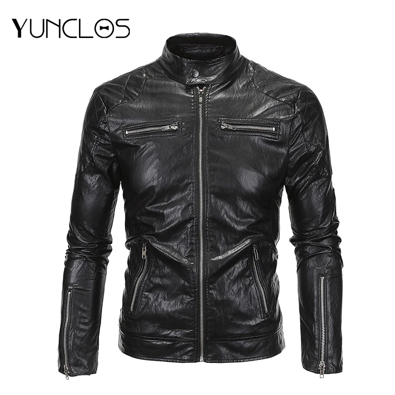Мужская кожаная куртка с воротником стойкой из искусственной кожи|Куртки