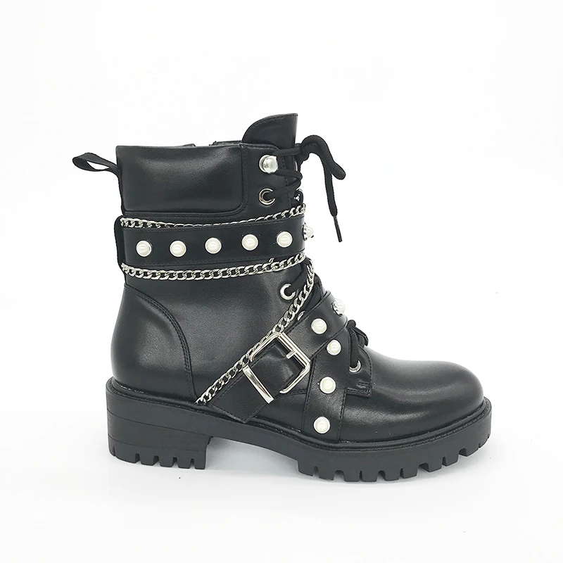 

Women Boots 2021 new Winter Chains Pearls lace-up pu leather Boots Women's Zipper mid-calf Boots Wedge Platform Motorcycle Boots