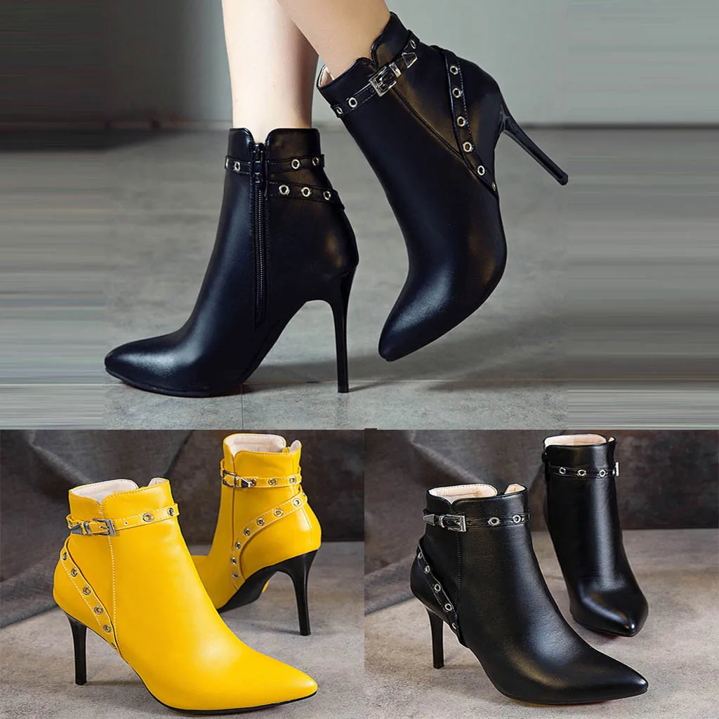 

SAGACE autumn leather shoes women Sexy Stiletto Heel Ankle boots women fashion Solid color ladies high heels zipper Boots #4Z