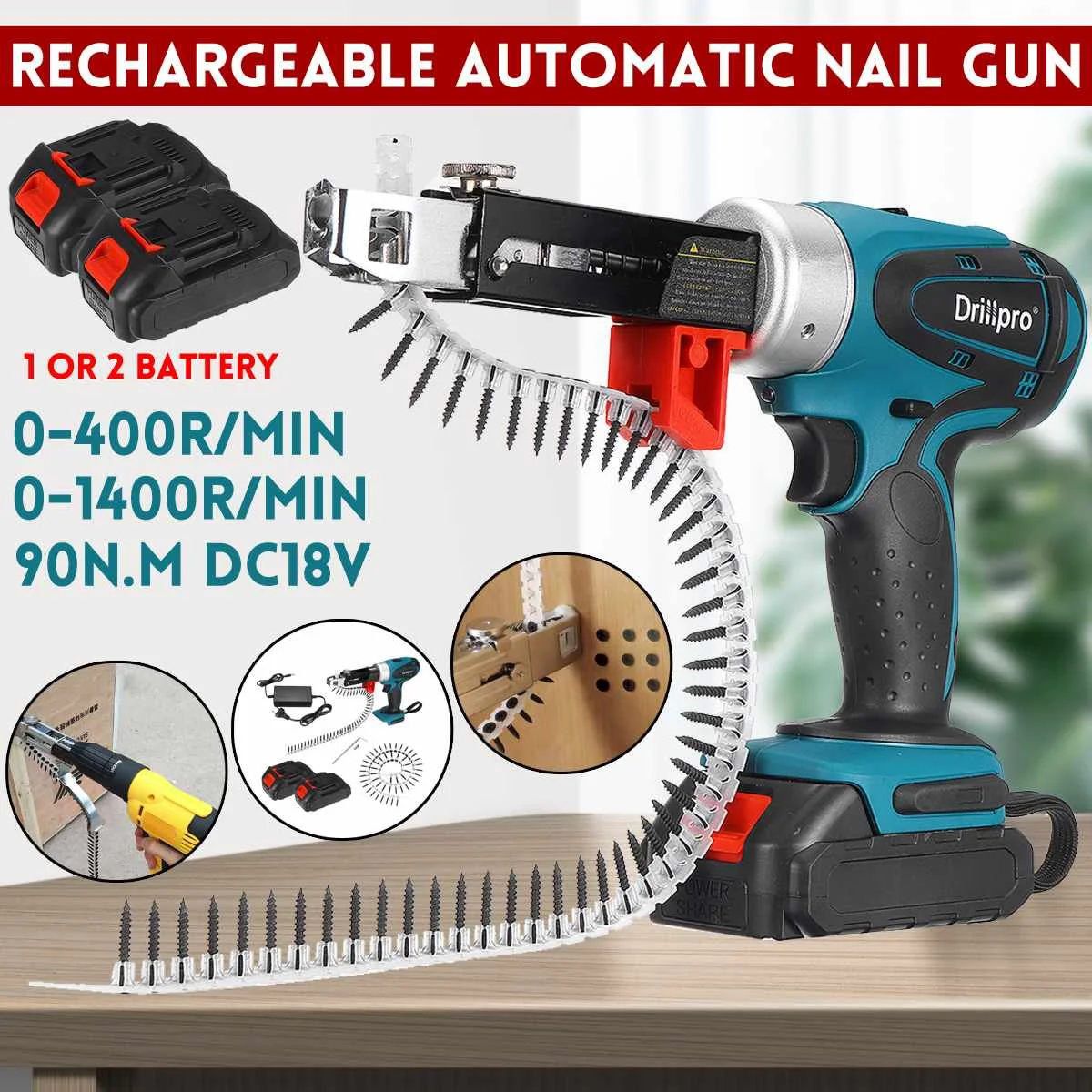 

Drillpro 90N.m Brushless Electric Nail Gun Nailer Stapler Woodworking Electric Tacker Furniture Power Tools with 1 or 2 Battery