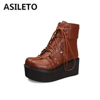 asileto ankle boots for women round toe thick muffin bottom lace up zipper heightening cross tied big size 33 46 casual s1763