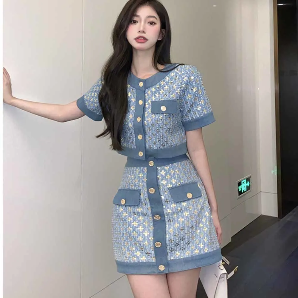 

High Quality Small Fragrance Summer Tweed Two Piece Set Women Crop Top Jacket Coat + Skirt Suits Vintage Sequined 2 Piece Set