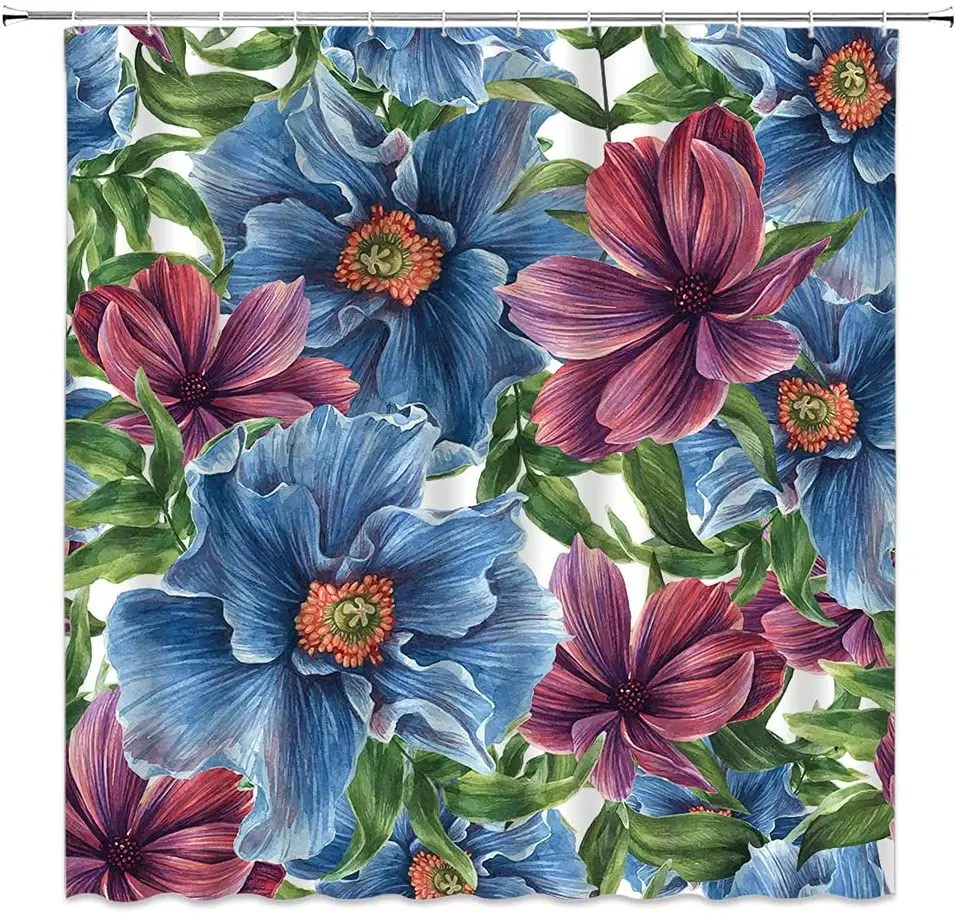 

Винтажная Цветочная занавеска для душа, Весенняя синяя фиолетовая Акварельная занавеска с цветами, растениями, зелеными листьями, художест...