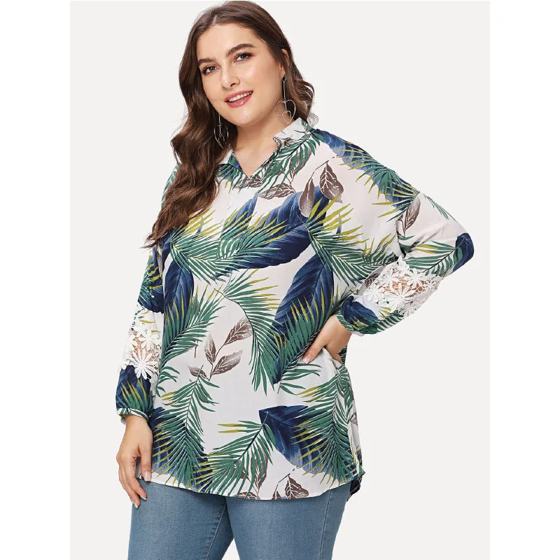 

Loose Women Top Tee Long Lantern Sleeve Mandarin Collar Clothes New Design Female Leaf Prin Casual Outdoor Tee Shirt