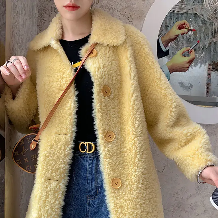 

Women 2020 Winter New Fahion Real Wool Sheep Fur Coat Jacket Female Thick Warm Genuine Granular Sheep Shearling Overcoat A12