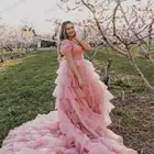 Бальное платье принцессы, розовое праздвечерние платье для дня рождения, 16-ярусное Многоярусное платье, Пышное Платье с длинным шлейфом, на молнии сзади