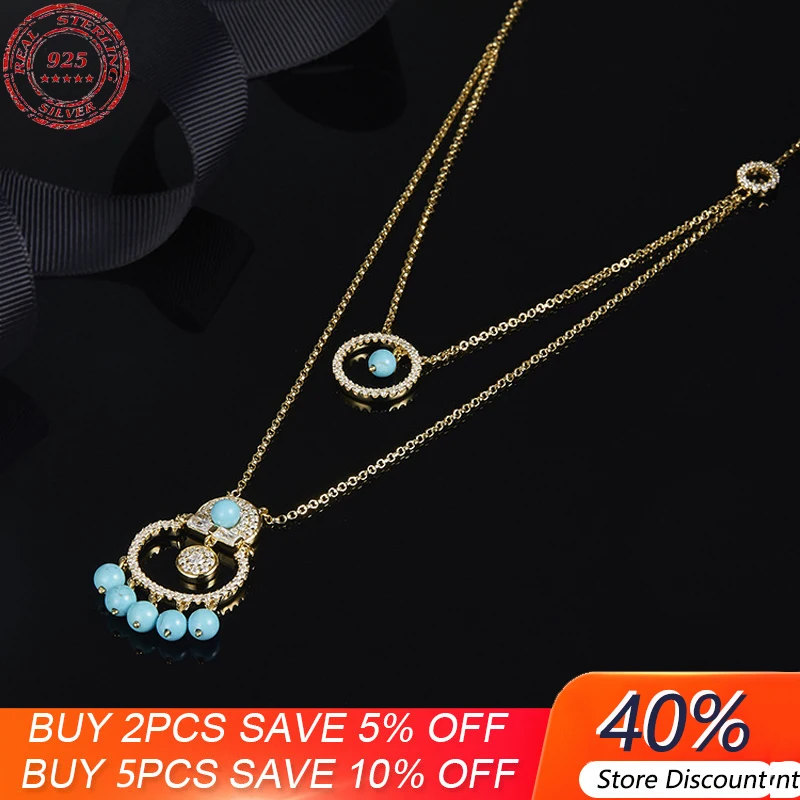 

Бирюзовое Двухслойное женское ожерелье из стерлингового серебра S925 пробы, длинная цепочка на свитер в стиле ретро, темпераментная роскошна...