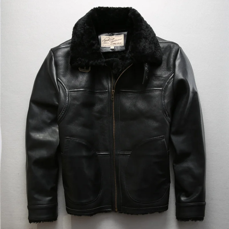 

fly Avirex men's real fur jacket militaly flight jacket Sheep Shearing winter leather coat men pilot suit male black M-XXL