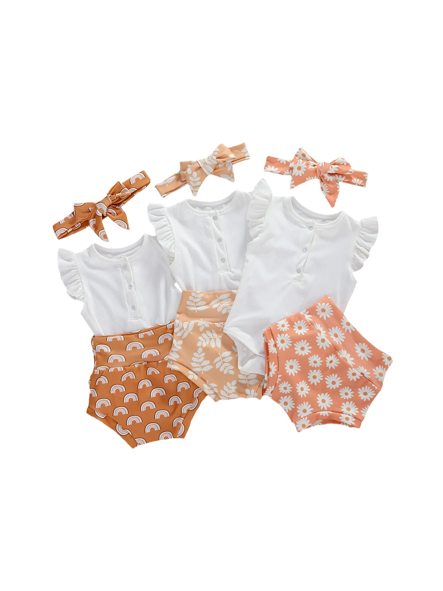 

Комплект одежды для новорожденных девочек и мальчиков 0-18 месяцев, 3 предмета, комбинезон с рукавами с оборками и принтом, топы, шорты, повязк...