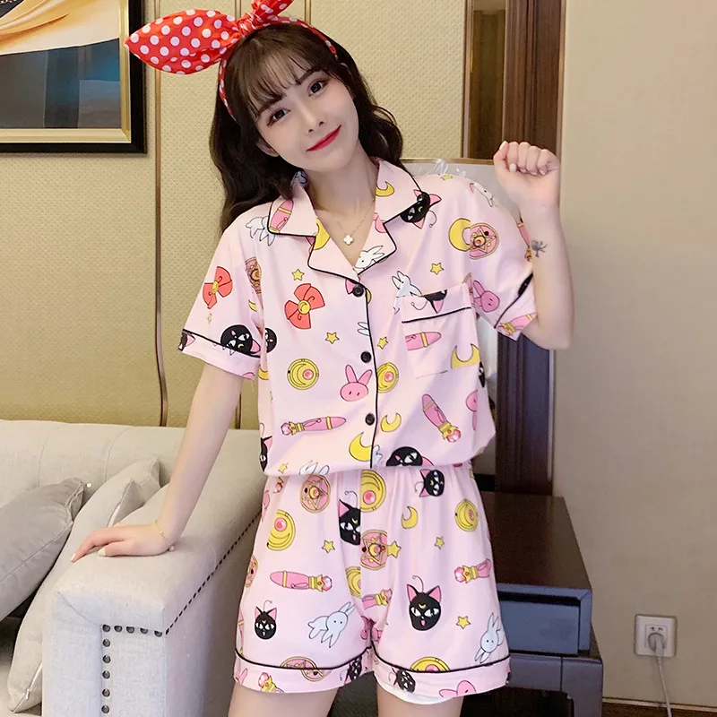 

Cute Sailor Moon Women Pajamas Set Summer Short Sleeve Casual Pajamas Kawaii Pink Princess Style Lapel Cardigan Female Sleepwear