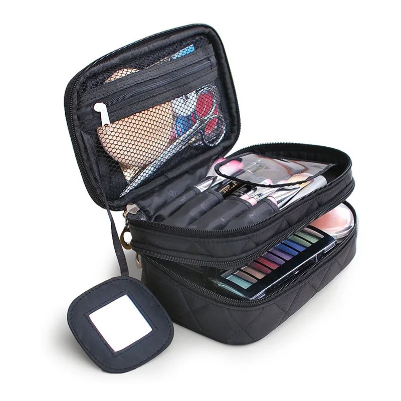 

Handbag 2 layer Zipper Cosmetic Storage Case Women Travel Essential Makeup Organizer Bag Multifunction with Mirror Toiletry Bag