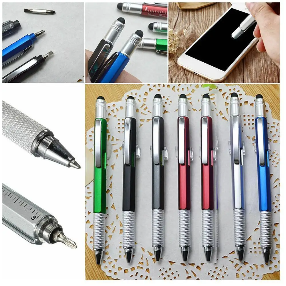 

1pcs 6 In 1 Ballpoint Pen Screwdriver Ruler Spirit Pen Level And Top Stylus Multifunction Scale A Screen With T3N2