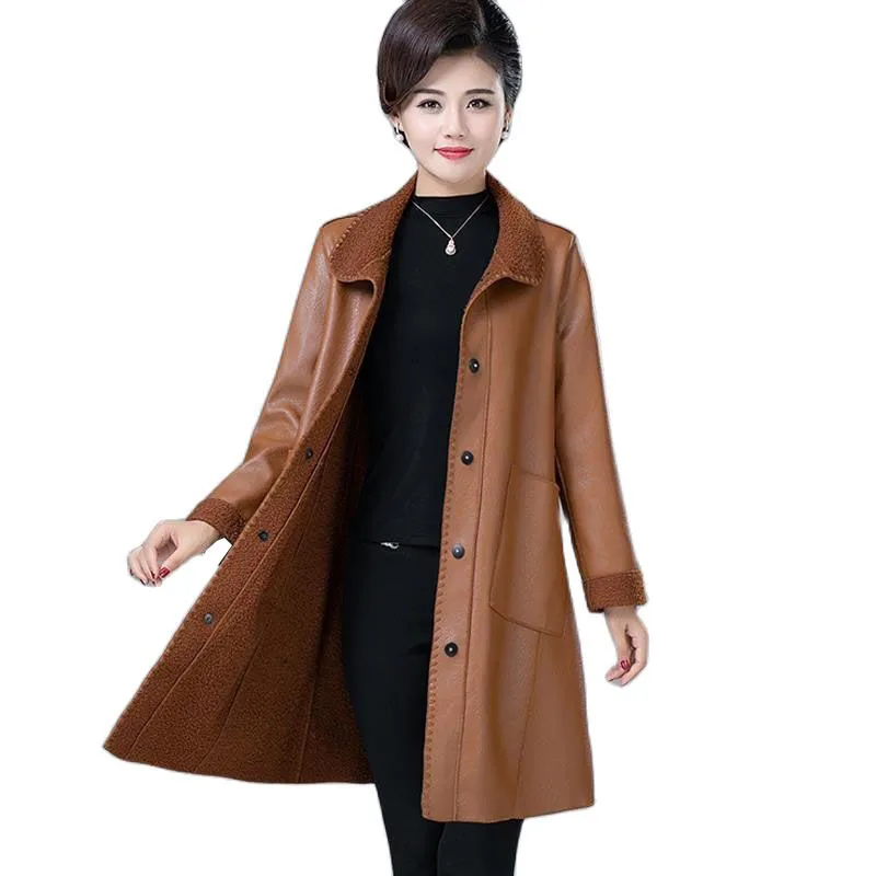 

Fall Winter Women's PU Leather Jacket 2021 New Middle-aged Mother Lined Lamb Wool Warm Leather Overcoat Female Loose 5XL Coat