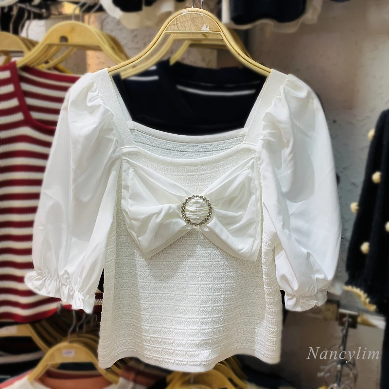 

Women's Diamond Bow Puff Sleeve Shirt 2021 Summer Korean Style Stretch Short Sleeve Knitted Patch Chiffon Blouse Crop Top
