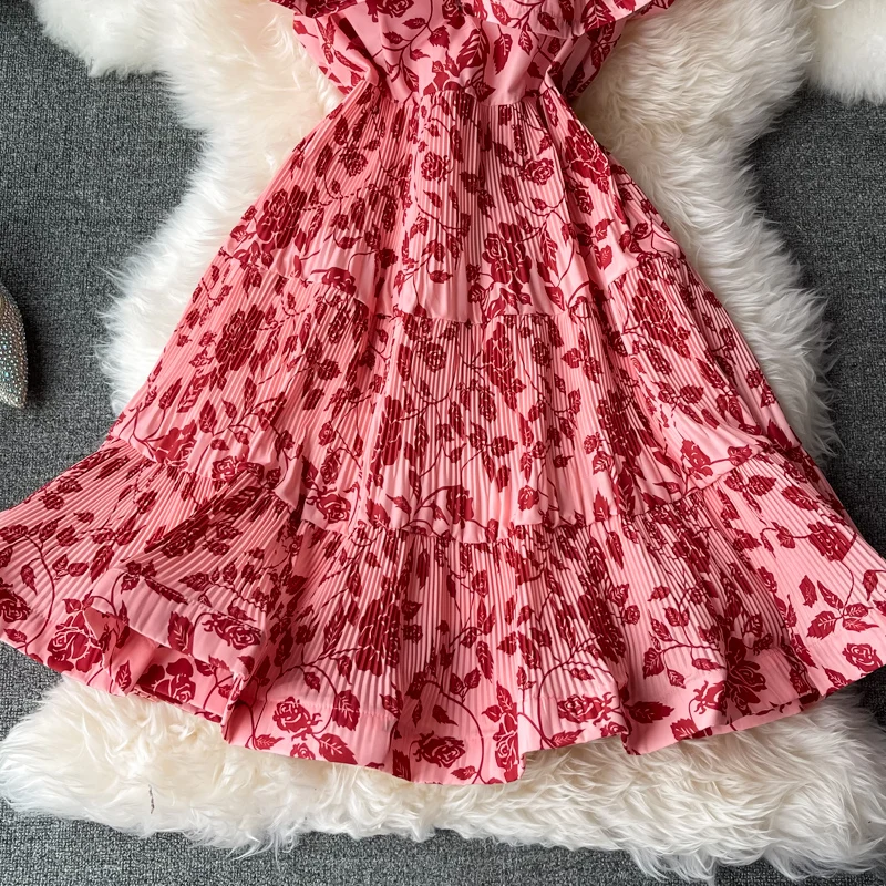

2021 New Summer Women Sexy V-Neck Ruffles Sleeve Slim Mini Dress High Quality Designer Floral Pleated Runway Dress