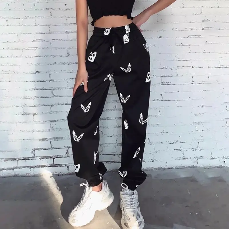 

MoneRffi Vintage Elegant Black Pants Gothic Harajuku Butterfly Print Joggers Pants Women Streetwear Hip Hop High Waist Trouser