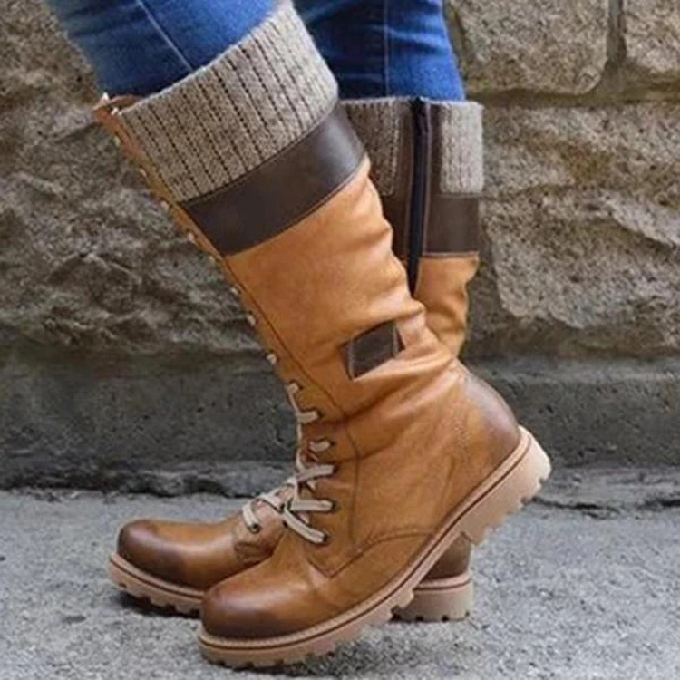

Mid-high women's boots low-heeled round toe short plush knight boots wool knitted stitching Martin boots 2021autumn / winter new