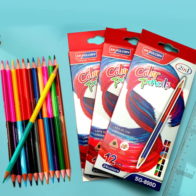 

Креативный цветной свинцовый карандаш с двумя головками, 24 цвета, 12 шт., 2 в 1, набор деревянных цветных карандашей для рисования, школьные при...