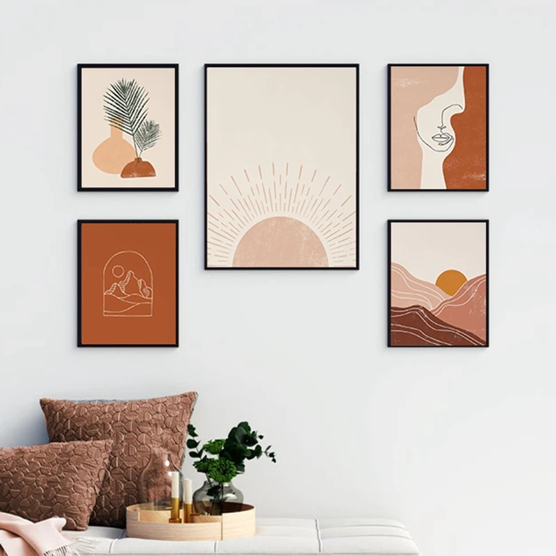 

Boho Abstract Landscape Nordic Posters and Prints Beige Gallery Wall Art Canvas Painting Sun Woman Face Line Art Pictures Decor